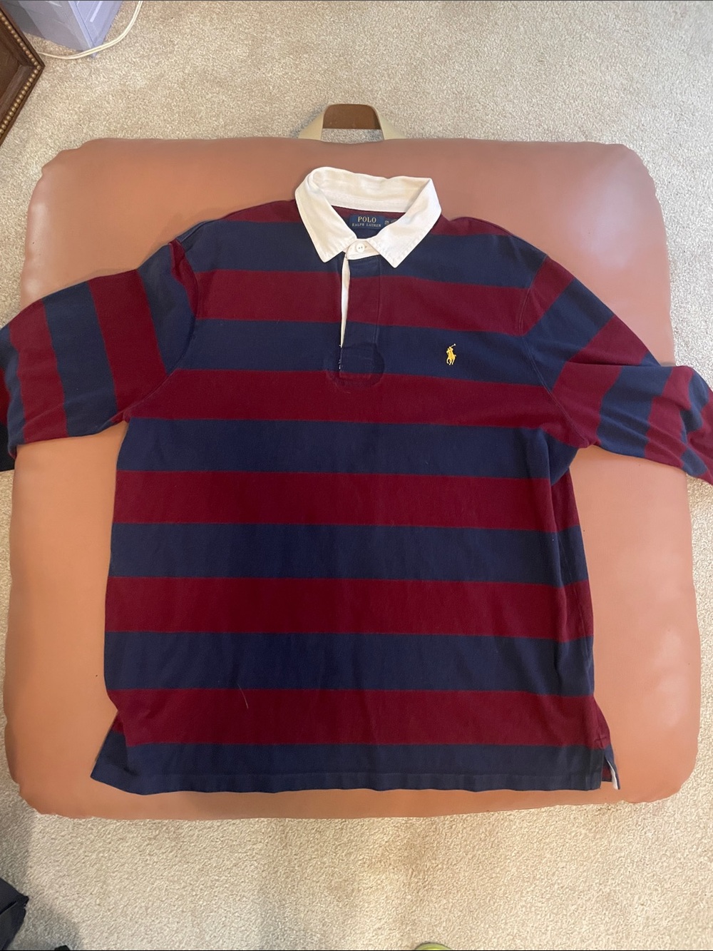 Polo by Ralph Lauren Striped Rugby Shirt - Navy & Burgundy with White Collar